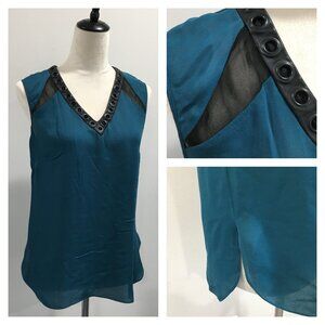 ROBERT RODRIGUEZ Sheer Teal Silk Black Sheer Insert Leather Collar Top